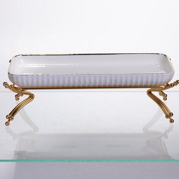 Фарфоровое блюдо для сервировки на металлической подставке 29.5&times;12&times;9 (см) Белое с золотом LB-1565G LB-1565G фото