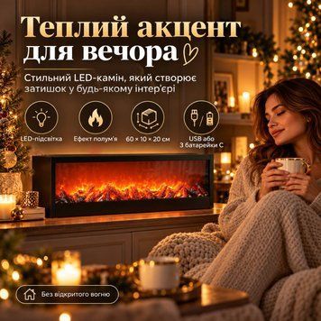 Камін декоративний LED 60 х 10 х 20 см чорний з ефектом полум&rsquo;я SP-26B фото