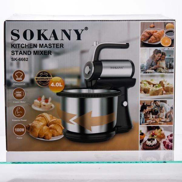 Стаціонарний міксер Sokany з чашею 4 л, 1000 Вт, 5 швидкостей, 2 насадки, віночки та гаки SK-6662 SK-6662 фото