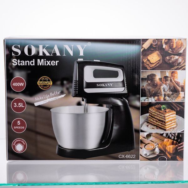 Стационарный миксер Sokany CX-6622 с чашей 3.5 л, 400 Вт, 5 скоростей, 2 насадкиЧерный CX-6622 фото