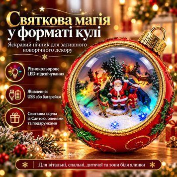 Ночник новогодний шар Санта с оленями LED USB красный sp10539 фото