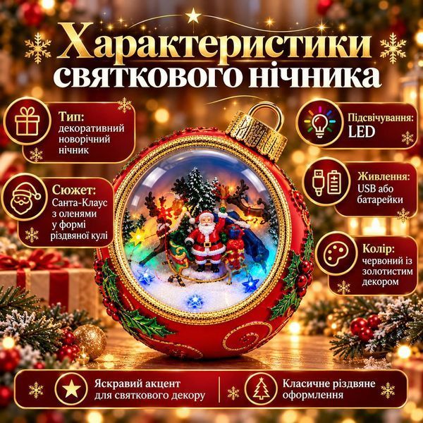 Ночник новогодний шар Санта с оленями LED USB красный sp10539 фото