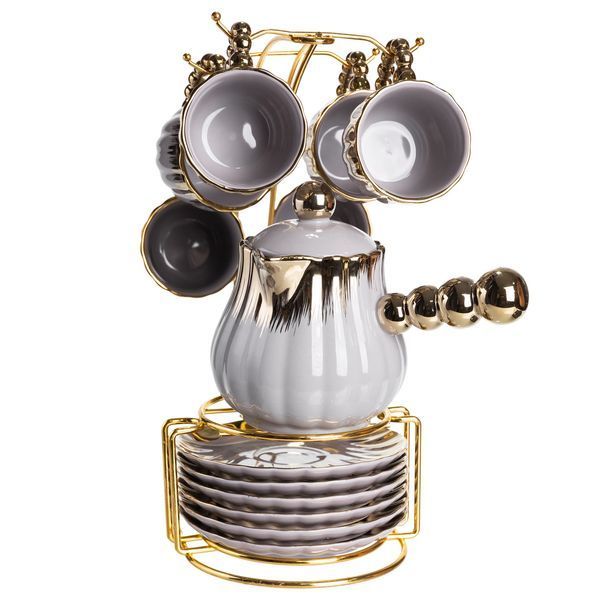 Кофейный сервиз на подставке с кофейником 450 (мл) 6 чашек по 90 (мл) подарочный набор чашек на подставке Серый с золотом Yiwu Сірий FM-JJ-4 фото
