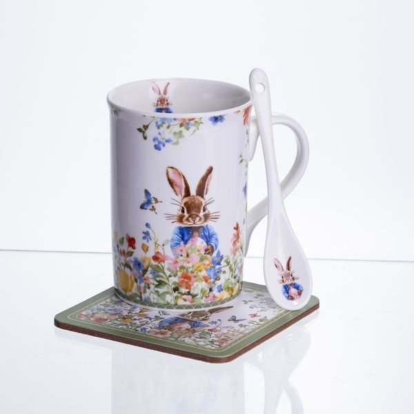 Чашка порцелянова Garden Rabbits для чаю та кави з блюдцем і ложкою 300 мл Yiwu Білий HP-7323-1 фото