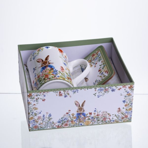 Чашка порцелянова Garden Rabbits для чаю та кави з блюдцем і ложкою 300 мл Yiwu Білий HP-7323-1 фото