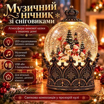Ночник музыкальный новогодний снежный шар Снеговики LED USB sp10536 фото