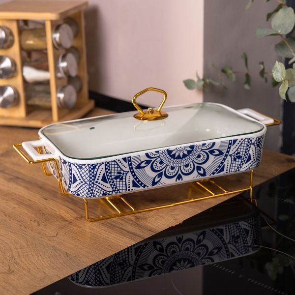 Марміт порцелянаовий із скляною кришкою 32х17х15 см на металевій підставці 1,5 л SA1107-M SA1107-M фото