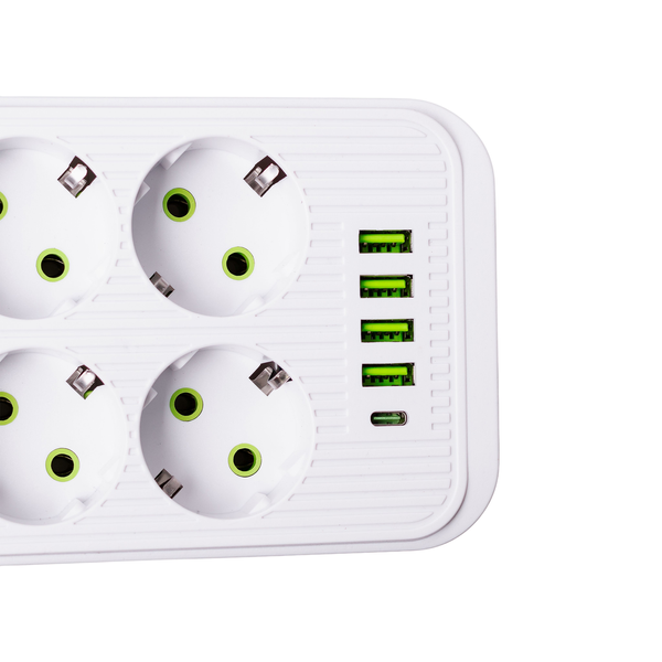 Мережевий фільтр подовжувач F06U на 6 розеток 4 USB 1 Type-C та кнопкою відключення 3 м Білий HP-5-23 HP-5-23 фото