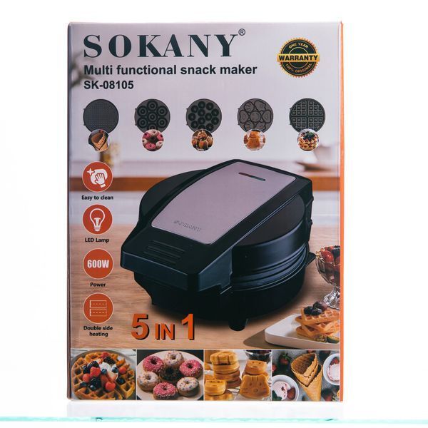 Мультипекарь Sokany SK-08105 5 в 1 600 Вт с антипригарными панелями: для вафель, коржей, пончиков, орешков, фигурного печенья SK-08105 фото