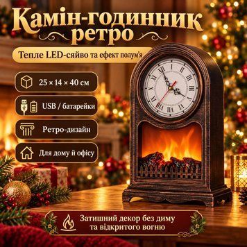 Камин-часы декоративный LED 25 х 14 х 40 см ретро с эффектом пламени SP-22 фото