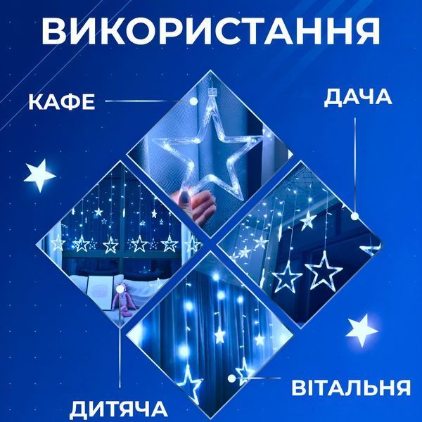 Світлодіодна гірлянда-штора 3x0,7 м 108 LED зірки 8 режимів, синя 1733054BL фото