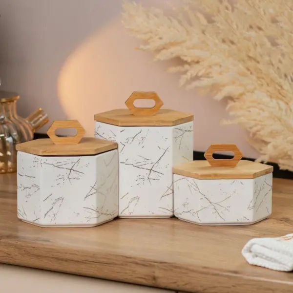 Набор банок для сыпучих продуктов 3 шт 19 см *16 см* 11. 5 см белый TS Kitchen Білий HP276 фото