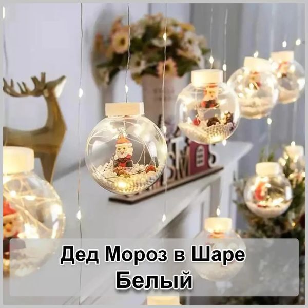 Гирлянда занавес штора Шары с наполнением Дед Мороз, 3м, 10 шаров LED USB 2124079 фото