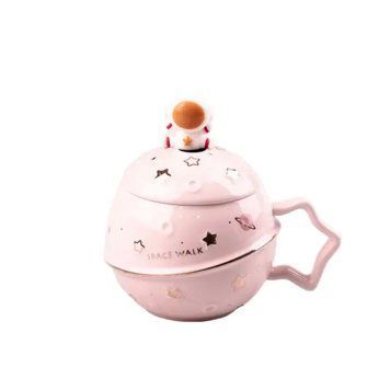 Чашка порцелянова Space Walk 400мл з кришкою і ложкою Рожевий HPCY8282P HPCY8282P фото