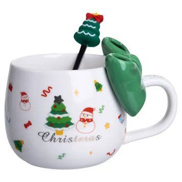 Новорічна порцелянова чашка з ложкою Merry Christmas 400 (мл) Зелений Yiwu FM-CS-19B FM-CS-19B фото