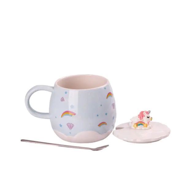 Чашка порцелянова Rainbow Ceramic Mug 400ml з кришкою і ложкою Блакитний HPCY8278BL HPCY8278BL фото
