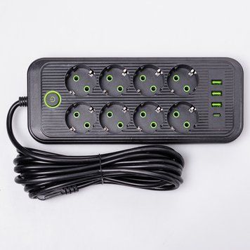 Мережевий фільтр подовжувач на 8 розеток з 3 USB 1 Type-C та кнопкою відключення F20U 2.8 м Чорний HP-5-28 HP-5-28 фото