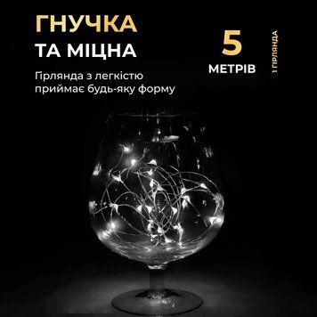 Світлодіодна гірлянда Роса 5 метрів на батарейках 50 led нитка на зеленому дроті біла 50L5MGW фото