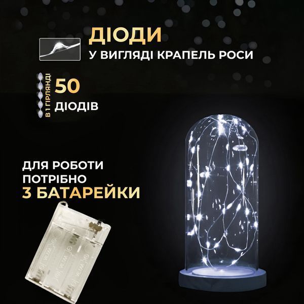Светодиодная гирлянда Роса 5 метров на батарейках 50 led нить на зеленом проводе белая 50L5MGW фото