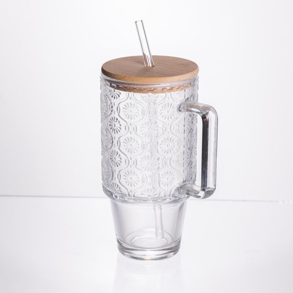Кружка скляна з кришкою та трубочкою 750 (мл) чашка з трубочкою та кришкою на подарунок HP-19-48N HP-19-48N фото