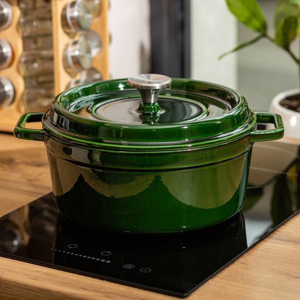 Каструля чавунна емальована 3,5 л з кришкою &Oslash;24 см Зелена HP-1-1 HP-1-1 фото