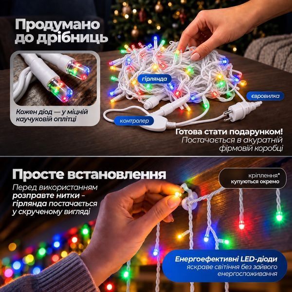 Вулична гірлянда бахрома 12 (м) 200 led світлодіодів зовнішня мультиколор білий дріт Garlando 12м 12MWML фото