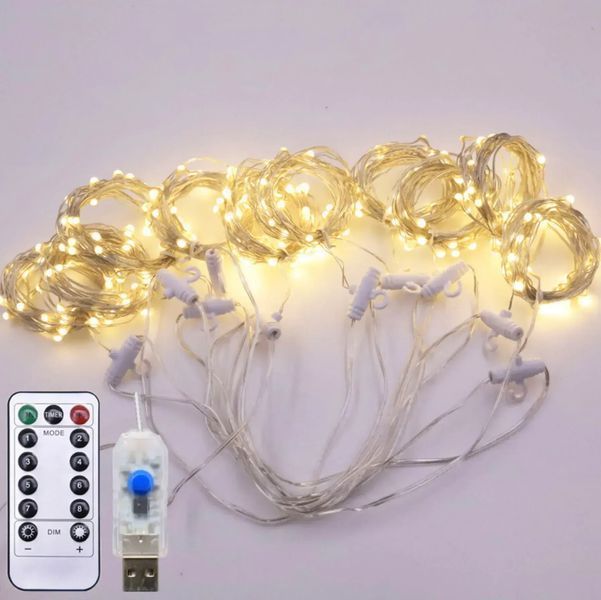 Светодиодная гирлянда штора роса на проволоке 3х2 м 200 LED пульт + USB теплый белый G5797 фото