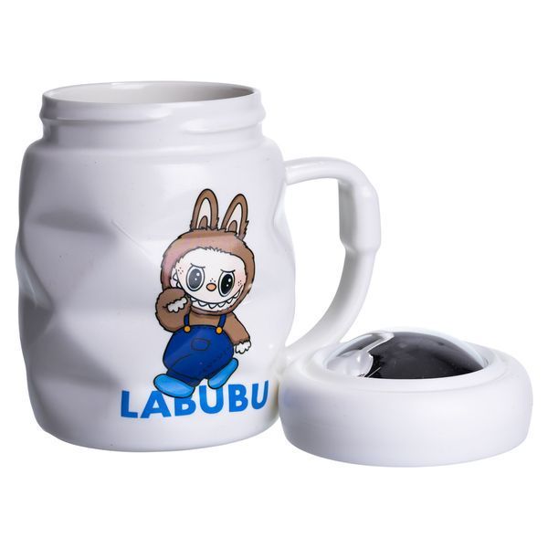 Чашка порцелянова з кришкою Labubu 400 (мл) Білий з синім Yiwu FM-54A фото