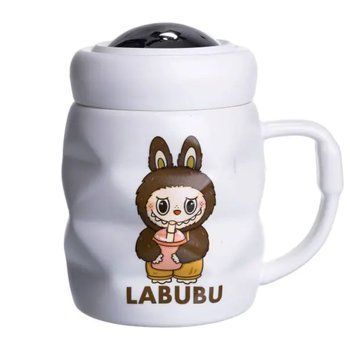 Чашка фарфоровая с крышкой Labubu 400 (мл) Белый с темно-коричневым Yiwu Білий FM-54C фото
