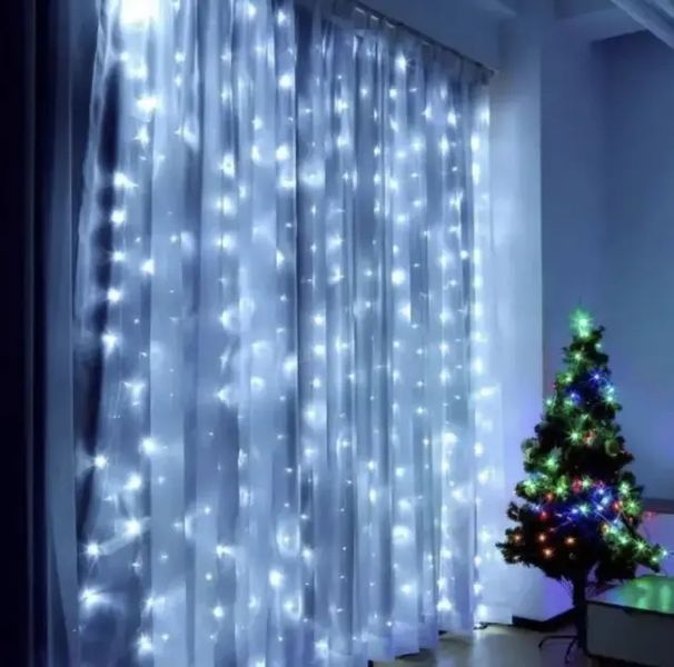 Светодиодная гирлянда штора роса на проволоке 3х2 м 200 LED пульт + USB холодный белый G5798 фото