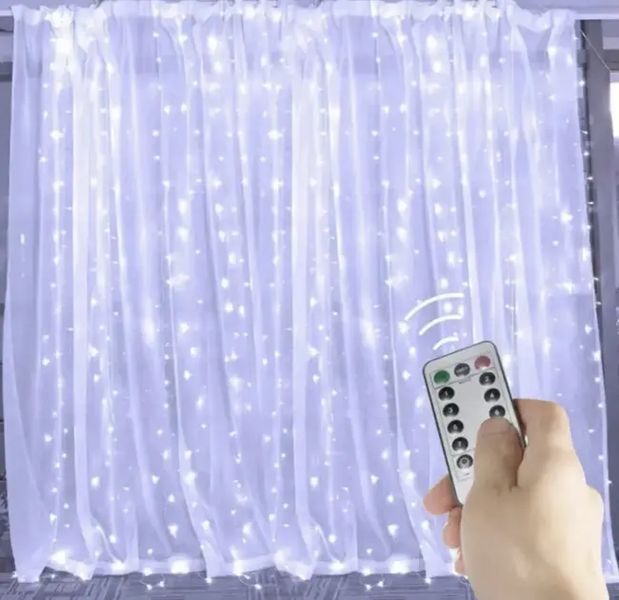 Светодиодная гирлянда штора роса на проволоке 3х2 м 200 LED пульт + USB холодный белый G5798 фото