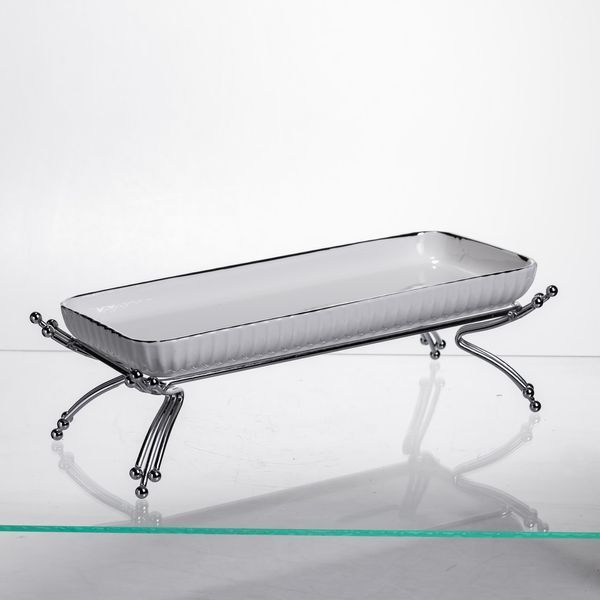 Фарфоровое блюдо для сервировки на металлической подставке 29.5&times;12&times;9 (см) Белый с серебром LB-1565S LB-1565S фото