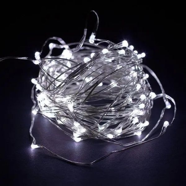 Новогодние гирлянды. Медная проволочная лампа 100LED 10м, (батарейки) Цвет белый Силиконовый провод (7108) mu20308 фото
