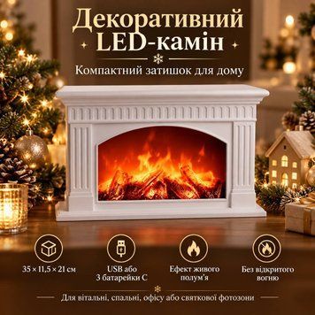 Камин декоративный LED 35х11.5х21 см с питанием USB белый 2026-CR-3-2 фото