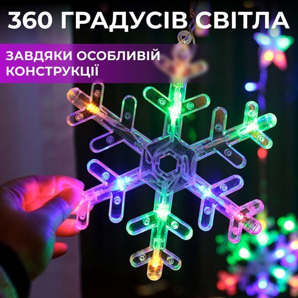 Светодиодная гирлянда штора Звезды и снежинки 3x1м 12 фигур 8 режимов мультиколор 1733061ML фото