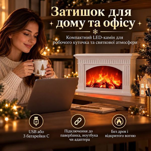 Камин декоративный LED 35х11.5х21 см с питанием USB белый 2026-CR-3-2 фото