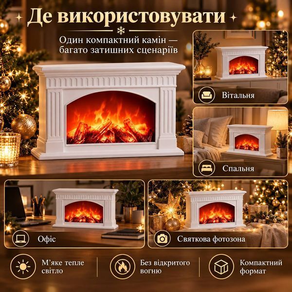 Камин декоративный LED 35х11.5х21 см с питанием USB белый 2026-CR-3-2 фото