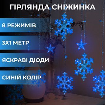 Світлодіодна гірлянда штора Зірки та сніжинки 3x1м 12 фігур 8 режимів синя 1733062BL фото