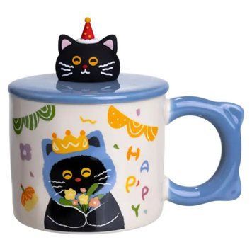 Кубок порцелянова з кришкою Kitten's Birthday 400 (мл) подарункова кружка прикольна чашка для дітей на подарунок Синій FM-24A FM-24A фото