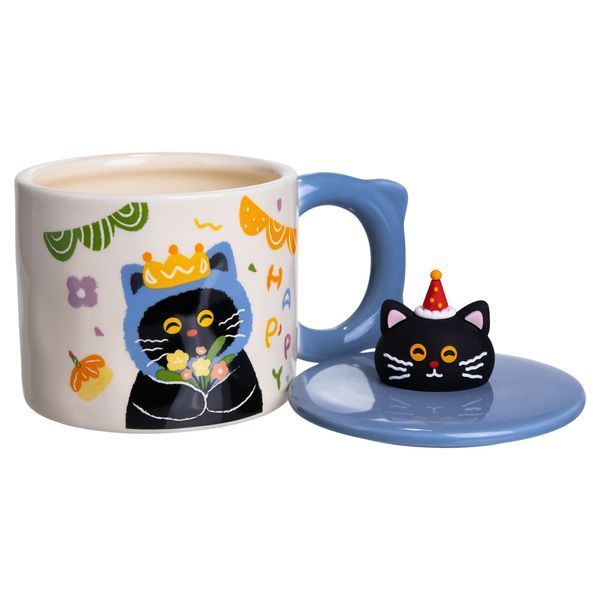 Кубок порцелянова з кришкою Kitten's Birthday 400 (мл) подарункова кружка прикольна чашка для дітей на подарунок Синій FM-24A FM-24A фото