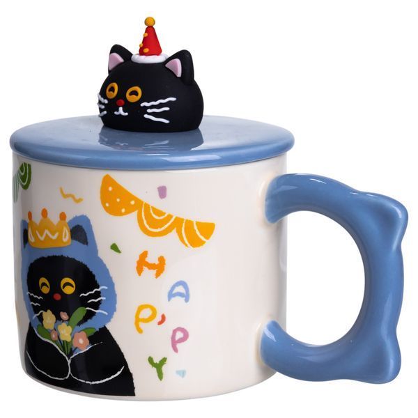 Кубок порцелянова з кришкою Kitten's Birthday 400 (мл) подарункова кружка прикольна чашка для дітей на подарунок Синій FM-24A FM-24A фото