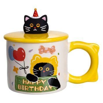 Чашка порцелянова з кришкою Kitten's Birthday 400 (мл) подарункова кружка прикольна чашка для дітей на подарунок Жовтий FM-24B FM-24B фото