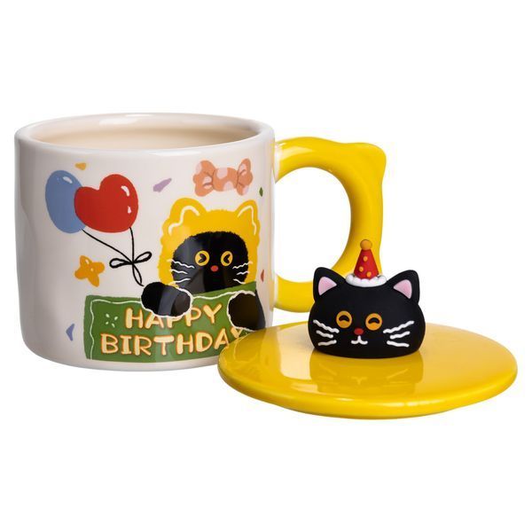 Чашка порцелянова з кришкою Kitten's Birthday 400 (мл) подарункова кружка прикольна чашка для дітей на подарунок Жовтий FM-24B FM-24B фото