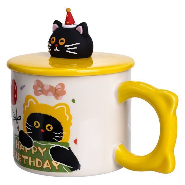 Чашка порцелянова з кришкою Kitten's Birthday 400 (мл) подарункова кружка прикольна чашка для дітей на подарунок Жовтий FM-24B FM-24B фото