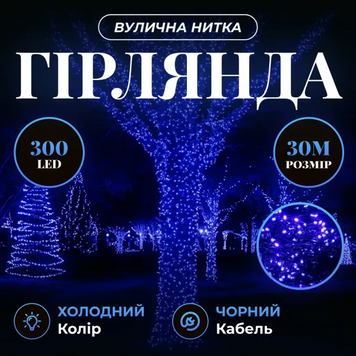 Гирлянда Нить уличная 30 (м) 300 LED черный провод Синий CF300L30MBBL фото