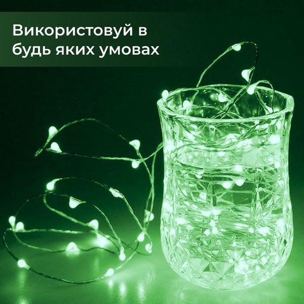 Светодиодная гирлянда Роса Нитка 100 LED, 10 м на батарейках, зеленая для декора 1733031GR фото