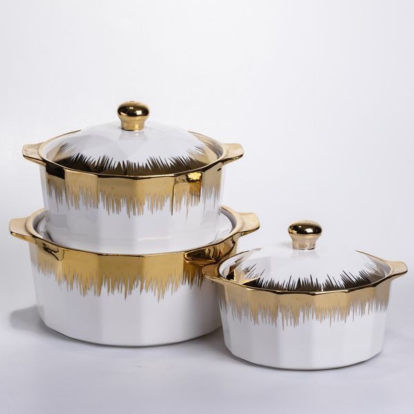 Набір супниць порцелянових 3 (шт) 1.5/2/3 (л) каструлі бульйонниці з кришкою та ручками для дому та ресторану з позолотою ML-T26-3 ML-T26-3 фото